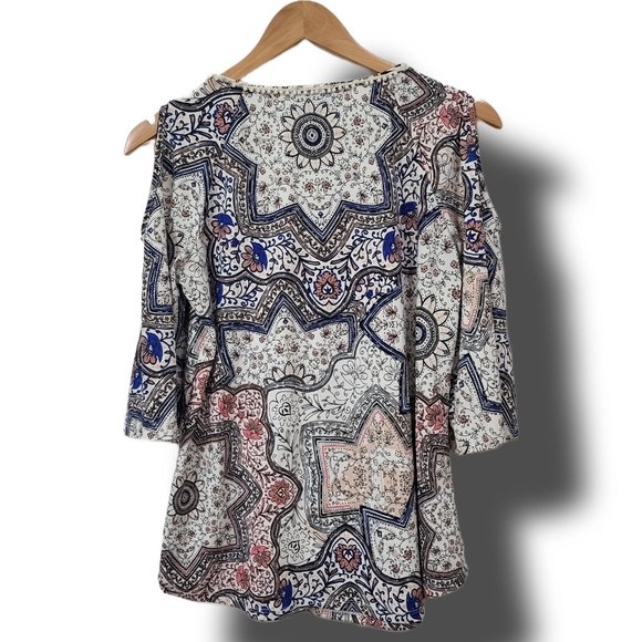 🌿AUW Womens Small Drop Sleeve Multi Print Top with Tassel Ties-So cute! - Picture 8 of 12
